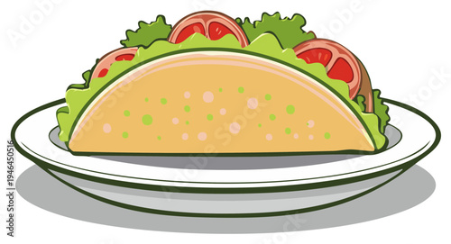 Delicious cartoon taco filled with fresh lettuce and juicy tomatoes on a plate