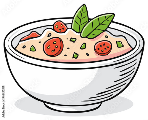 Bowl of hearty soup with sausage and basil for a delicious and satisfying lunch, perfect for a cozy and comforting meal