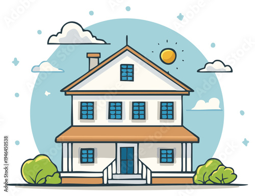 Cozy Two Story House Illustration with Porch, Bushes, Clouds, and Sun in Soft Colors