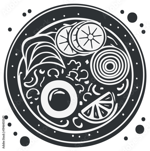 Illustrated top view of a bowl of ramen noodles with egg, lemon, and vegetables.