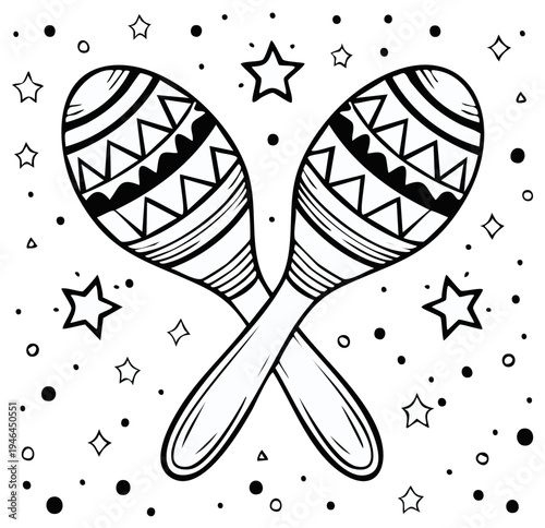 Crossed Maracas Illustration with Decorative Elements Isolated on White Background Musical Instruments Line Art
