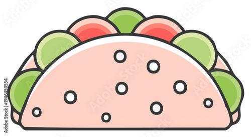 Simple Stylized Taco Illustration With Pink Tortilla Green Lettuce and Red Tomato Slices