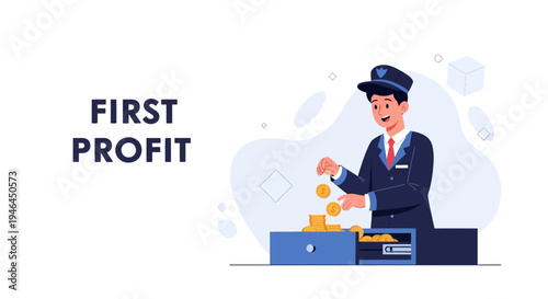 Man in uniform counting coins at cash register, First Profit concept