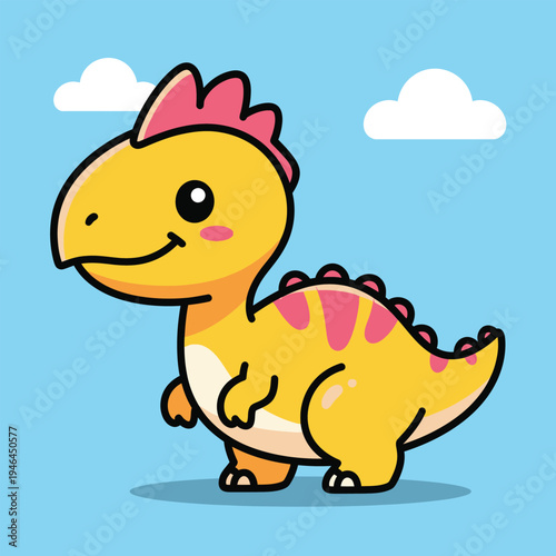 Adorable cartoon baby T-Rex dinosaur with pink crest and stripes, smiling happily against a bright blue sky with fluffy white clouds, perfect for children's themes.