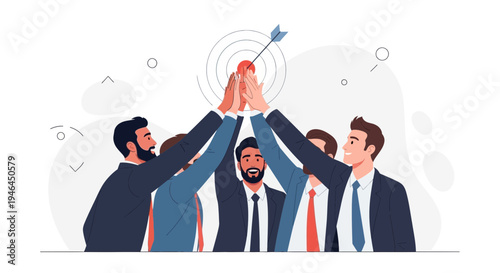 Teamwork success, business people high five goal achievement, target arrow