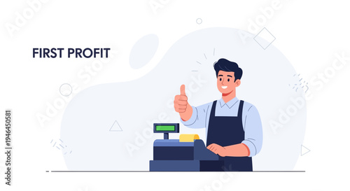 Happy Storekeeper Giving Thumbs Up, First Profit Concept