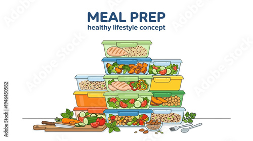 Healthy meal prep concept with food containers.