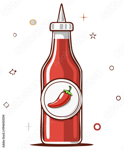 Tomato Sauce Bottle with Chili Pepper Label Cartoon Style Red Condiment for Food