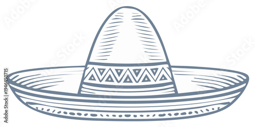 Graphic drawing of a traditional sombrero hat with textured lines and simple decorative elements