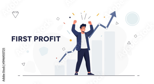 Man celebrating first profit with upward trend graph and bar chart