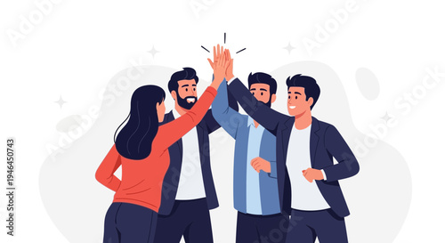 Teamwork high five, celebrating success, business people collaboration, unity, achievement