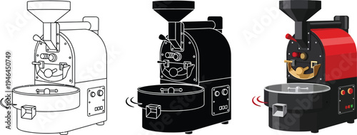Industrial coffee roasting machine vector illustrations featuring outline silhouette and full-color versions suitable for cafe design beverage production or infographic elements