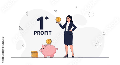 Businesswoman saving money in piggy bank with coins, 1st profit concept