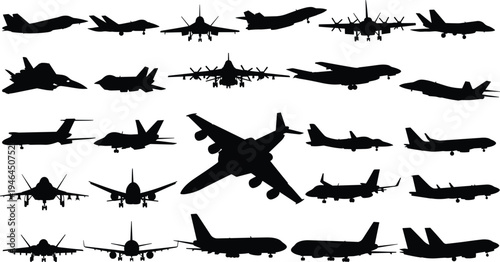Black silhouette vector illustration of aircraft including military jets, commercial airplanes, and cargo planes, aviation transport design comparison scene
