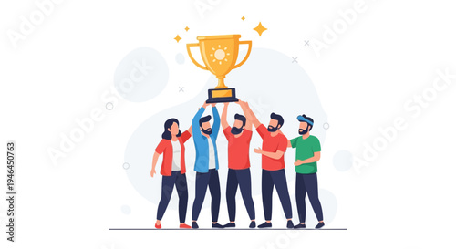 Team celebrating victory holding a golden trophy, teamwork success, achievement concept