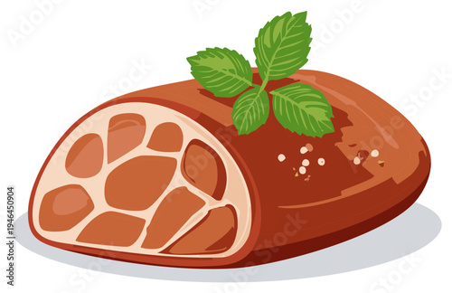 Sliced Meatloaf with Mint Leaves, Rustic Food Illustration, Cooked Ground Meat