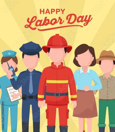 Group of professionals standing together for Labor Day celebration firefighter, police, nurse and teacher