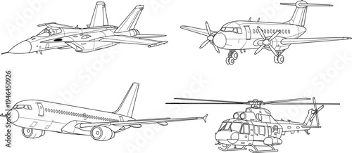Black silhouette vector illustration of aircraft including jet fighter, twin-propeller plane, commercial airliner, helicopter, aviation transport, military and passenger flight