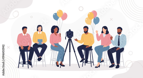 Diverse group of people filming interview with camera and balloons