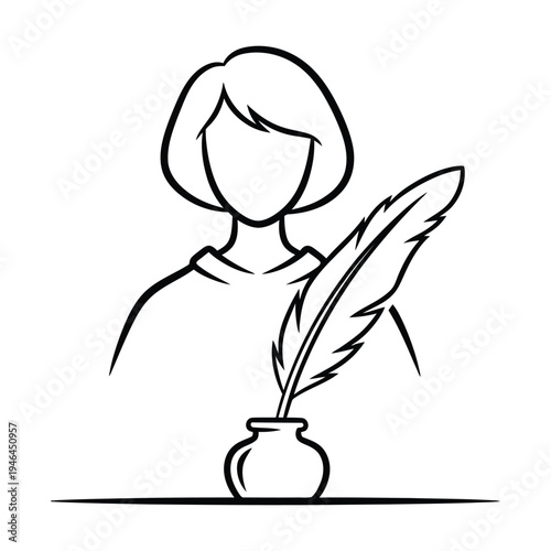 A minimalist line drawing of a woman with a quill pen