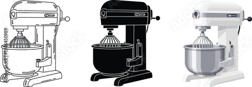 Set of stand mixer vector illustrations featuring detailed line art a sleek black silhouette and a realistic white design with a stainless steel bowl ideal for culinary branding and recipe content