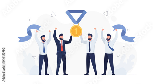 Business Team Celebrating Victory with Gold Medal and Ribbons