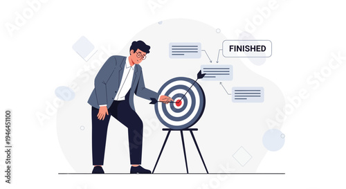 Businessman hitting bullseye on target, achieving goal, business success, project completion