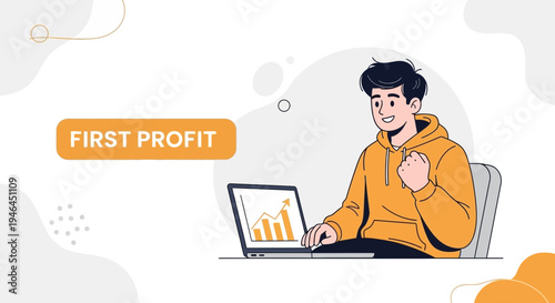 Young Man Celebrates First Profit on Laptop with Growing Chart