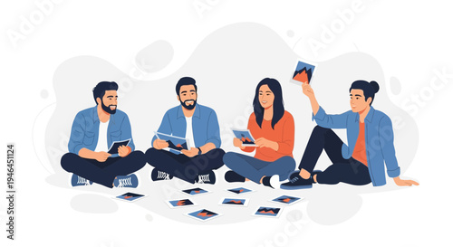 Friends sharing photos, sitting on floor, reminiscing about memories and travel