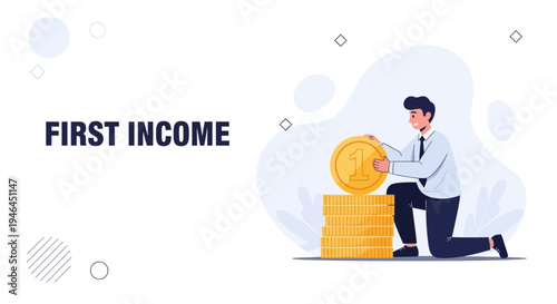 First Income: Businessman Stacking Coins, Financial Growth Concept