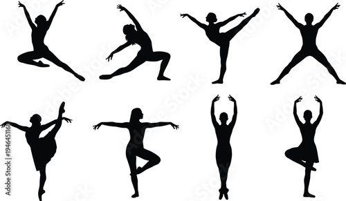 Black silhouette vector illustration of ballet dancers in elegant poses showing pirouettes leaps arabesques graceful movement classical dance art design