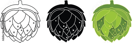 Vector set of hop cones featuring outline silhouette and green flat design styles ideal for brewing craft beer and natural ingredient projects