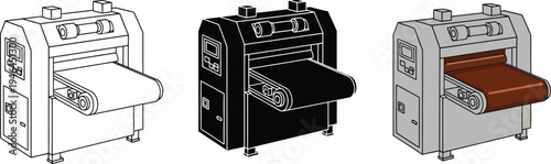 Industrial conveyor belt machine vector illustration set featuring outline solid black and colored versions ideal for manufacturing bakery and food processing designs