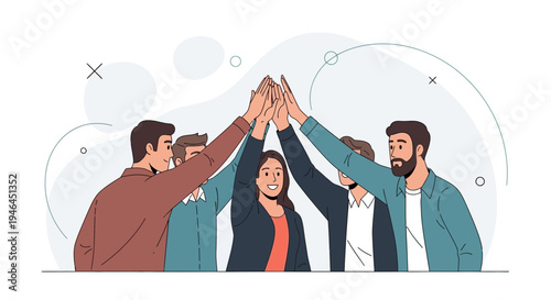 Diverse team high-fiving in celebration of success, teamwork, and unity