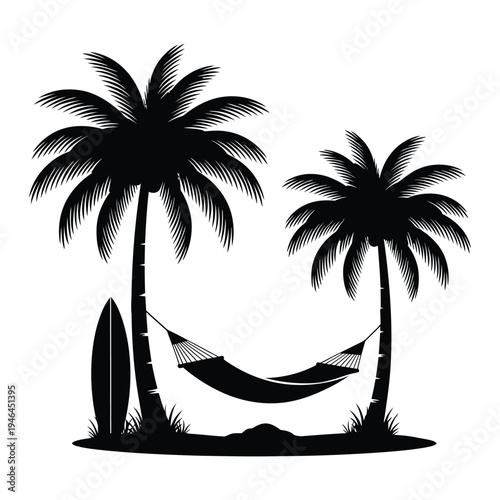A serene beach scene with a hammock between two palm trees