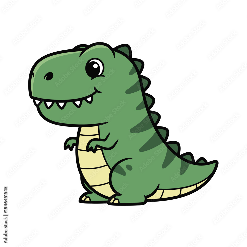 Fototapeta premium Adorable cartoon T-Rex dinosaur, with big eyes, a wide smile, and tiny arms, depicted in a simple, flat, graphic style, ideal for children's books and educational materials about prehistoric