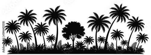 A serene black silhouette of palm trees against a white background