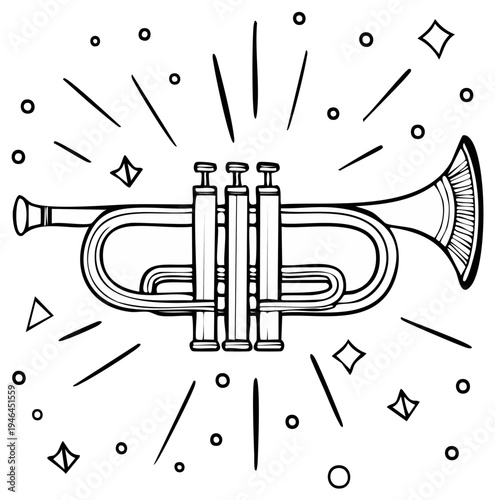 Hand-Drawn Illustration of a Trumpet with Sparkling Accents and Radiating Lines