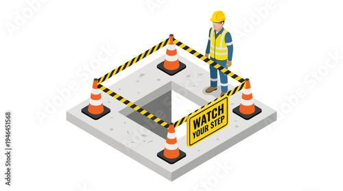 Construction worker warning of a hole.