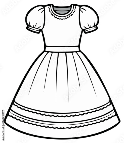 Cartoon outline of a classic girl's dress with puffy sleeves and a scalloped hem
