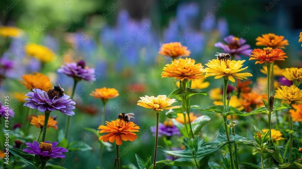 Obraz premium Colorful Garden Flowers with Bees Collecting Nectar in a Vibrant Natural Setting Surrounded by Lush Greenery and Blurred Background