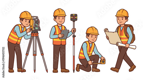 Flat vector character set of professional land surveyor workers in safety vests using theodolite, measuring tape, and blueprints for topography engineering.