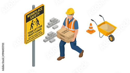 Construction worker with roadwork sign and tools.
