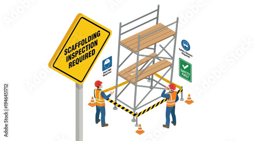 Workers inspecting scaffolding on construction site.