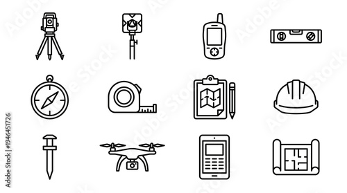 Land surveyor equipment and tools thin line icon set vector. Topography engineering instruments including theodolite, drone, compass, blueprint, and tape measure illustration.