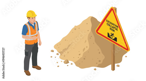 Construction worker standing next to landslide warning sign.