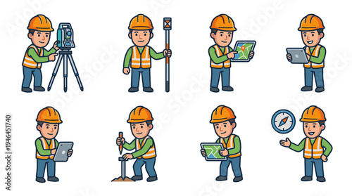 Cartoon land surveyor character mascot vector set in various poses working with total station, tablet map, compass, and prism pole for construction and topography measurement.