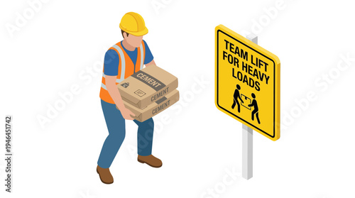 Construction worker lifting heavy load teamwork.