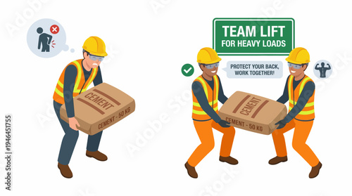 Workers lifting heavy boxes safely together.