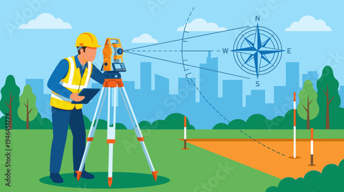 Professional land surveyor operating theodolite level and total station for topography measurement with compass rose and city background flat vector illustration design concept.